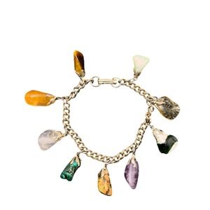Vintage Silver Multi Gemstone Charm Bracelet Tumbled Stone Boho‎ Jewelry Opal